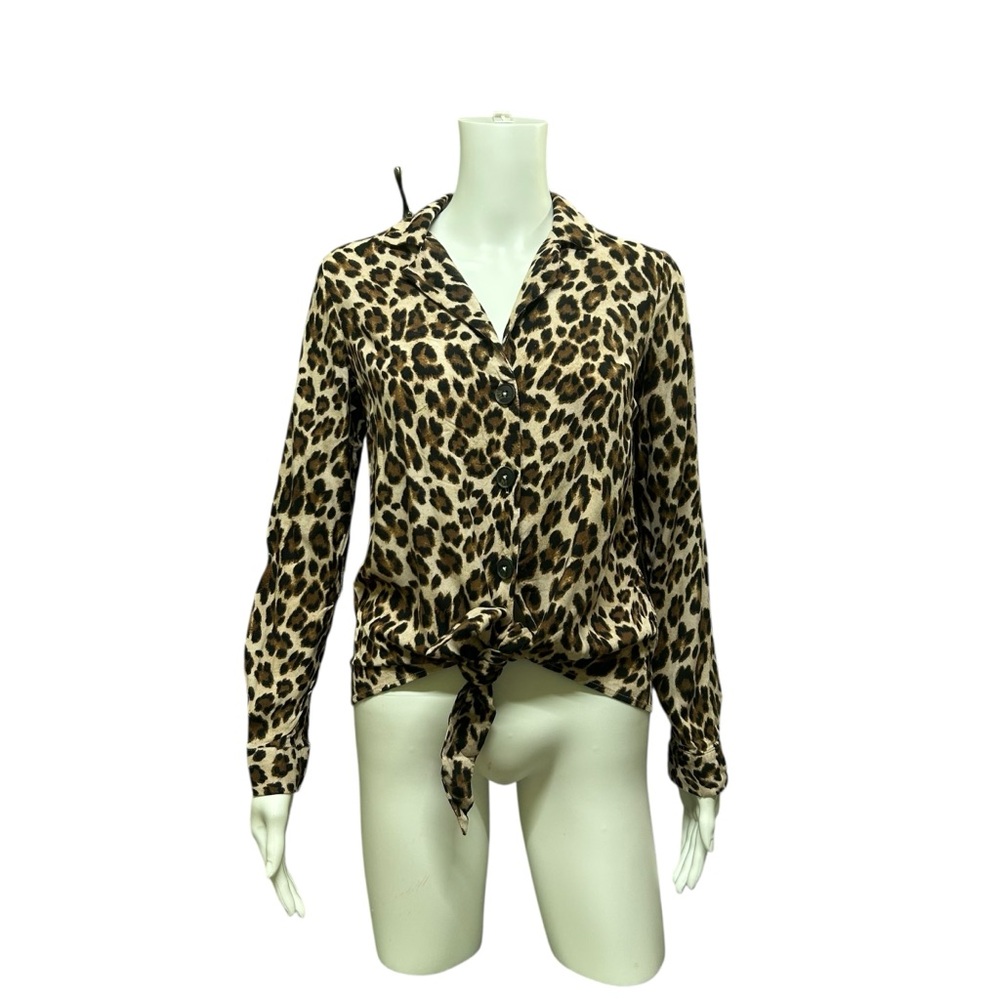 Dex Animal Pattern Button Tie Front Long Sleeve Blouse Size XS
